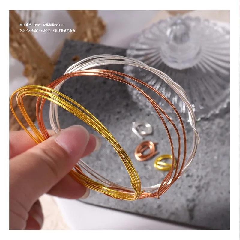 1 Roll Nail Decor Metal Coil Jewelry DIY Charm Deco Copper Wire Nail Art Gold Silver Rhinestone Manicure Line Design 3D Tips