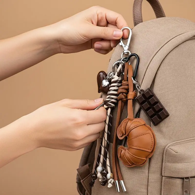 Sweet Croissant Keychain High Quality PU Leather Charm Pendant with Braided Lanyard for Key Storage Travel Bag Ornament