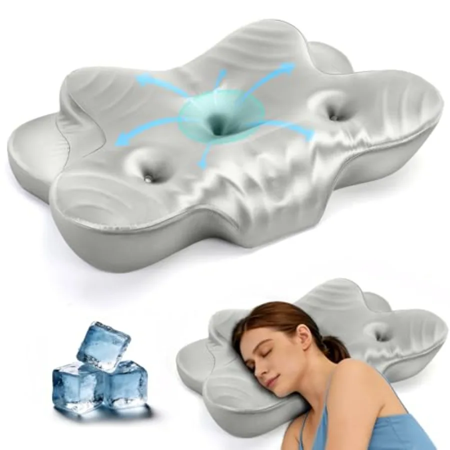 

Dual Ear Relief Zone Contour Pillow, Ice Silk Satin Cervical Memory Foam Pillow for Sleeping, Ergonomic Neck Support for Side,