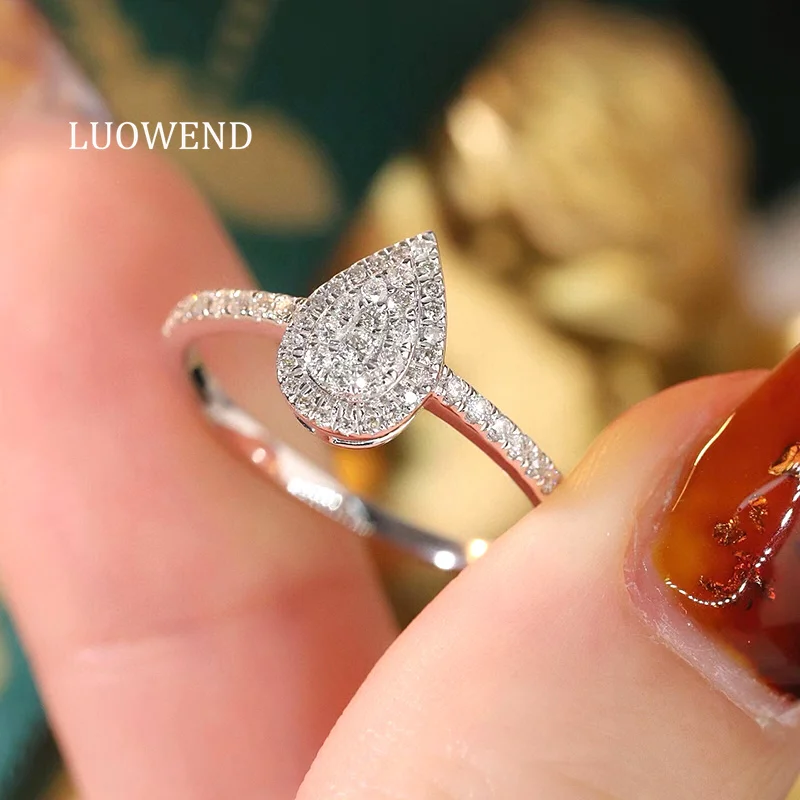 

LUOWEND 100% 18K White Gold Rings Fashion INS Style 0.28carat Real Natural Diamond Engagement Ring for Women High Party Jewelry