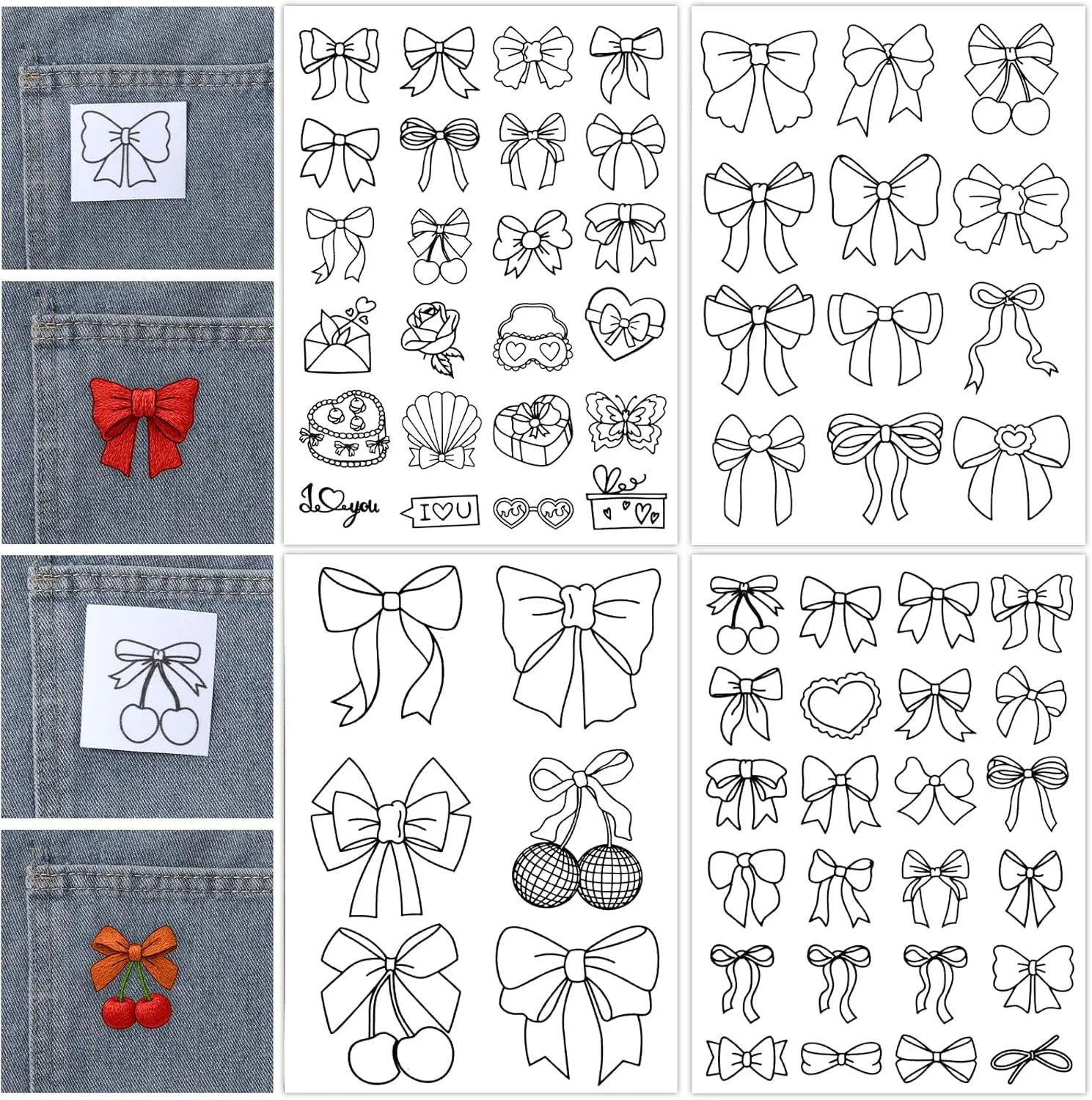 Bow Embroidery Pattern Stabilizer, 4 Sheets Water Soluble Embroidery Patterns, Cute Bow Stick Stitch Embroider Paper Stabilizers