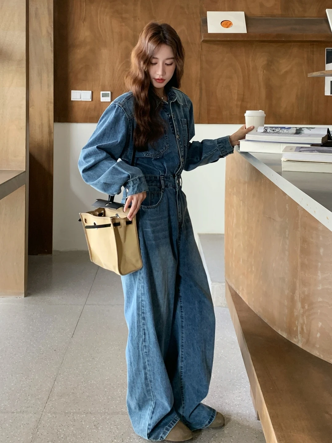 

Blue High Waist Slimming Denim Overalls Women's Faionable Streetwear Straight Leg Casual Pants Comfortable Breathable