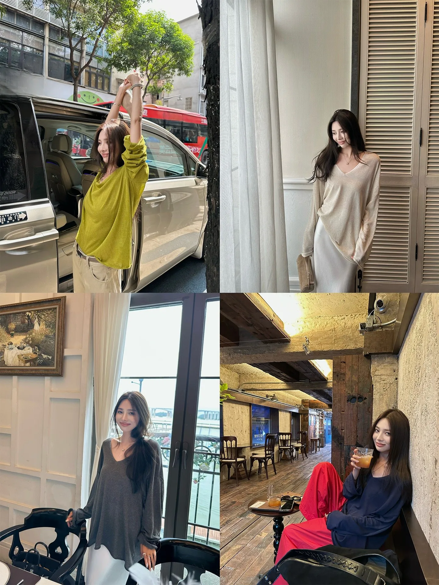 

NanaByNana V-образный трикотажный топ для женщин, свободный крой, весна-осень, из льняной смеси, комфортный, стандартный крой, с длинным рукавом