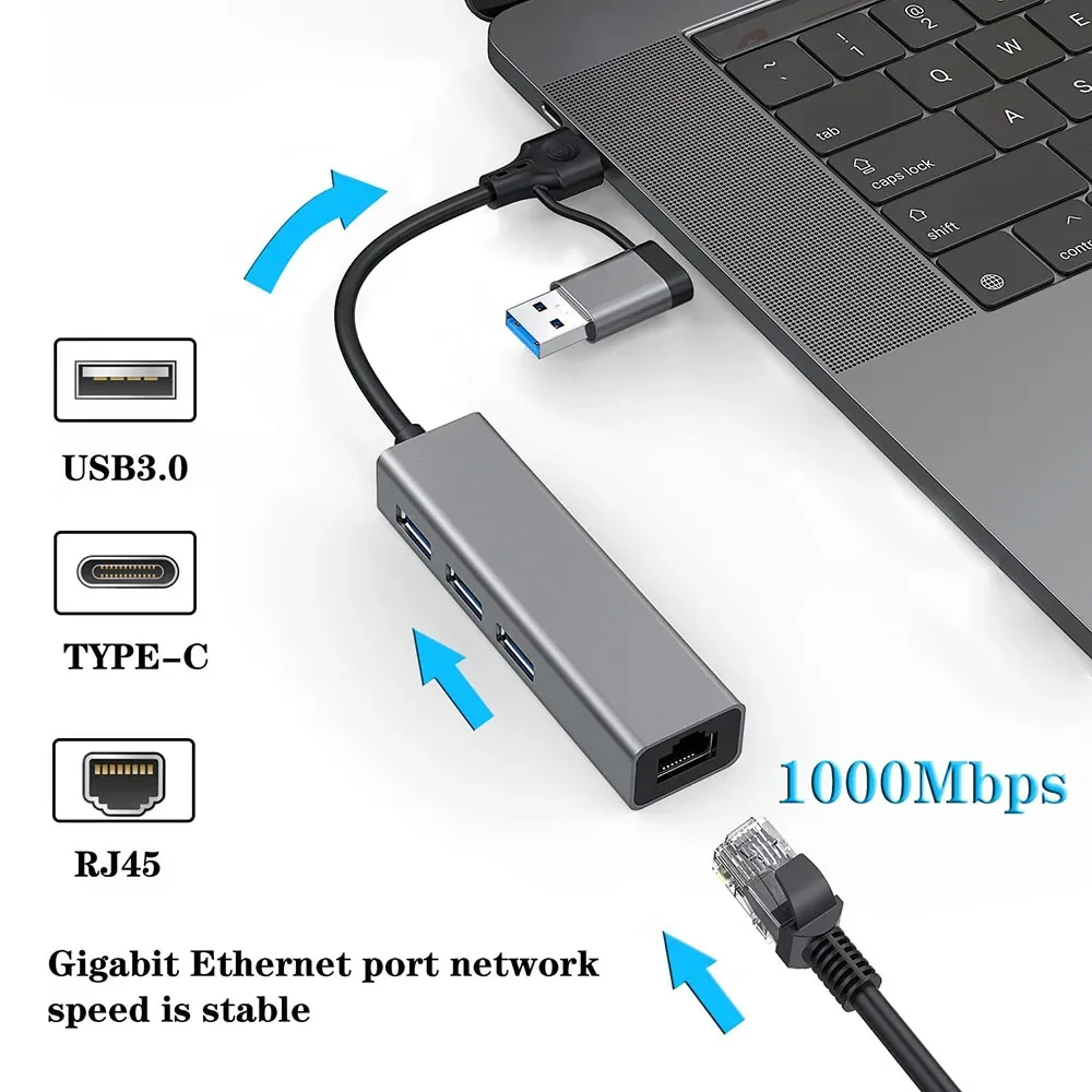 

Адаптер Ethernet USB C, 3 порта USB 1000 Тип C Hub с RJ45 Мбит/с Ethernet конвертер для ПК, ноутбука с Windows Mac OS