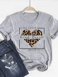 Tee odzież Basic kobiety ubrania druku T Shirt Leopard miłość serce trendy śliczne letni Top moda z krótkim rękawem koszulka z grafiką