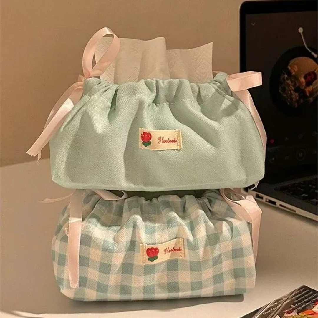 2pcs Blue bow checkered paper bag for household use, single-layer drawstring tissue bag, living room, bedroom, desktop storage