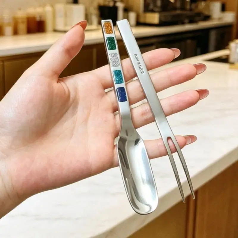 Stainless Steel Dessert Spoon And Fork With Glitter Inlaid Handle For Home Cafe Dessert Fruit Daily Use