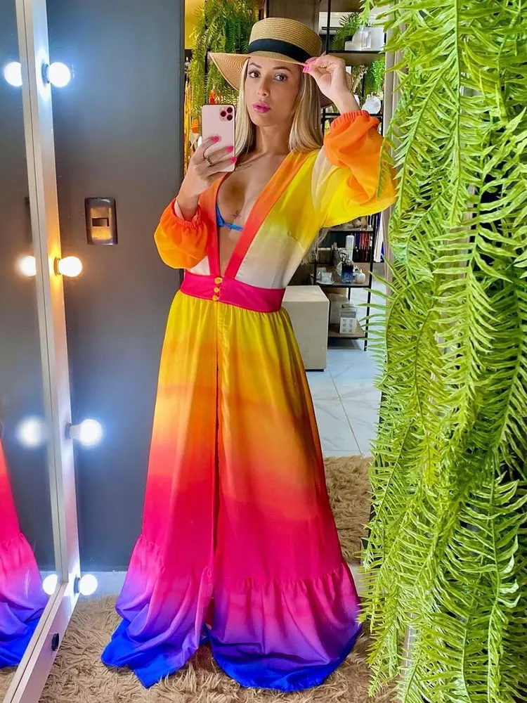 Sexy Deep V Neck Long Sleeve Neon Shades Chiffon Comfortable Tunic Beach Dress 2023 Beachwear Women Swimsuit Bikini Cover Up D14