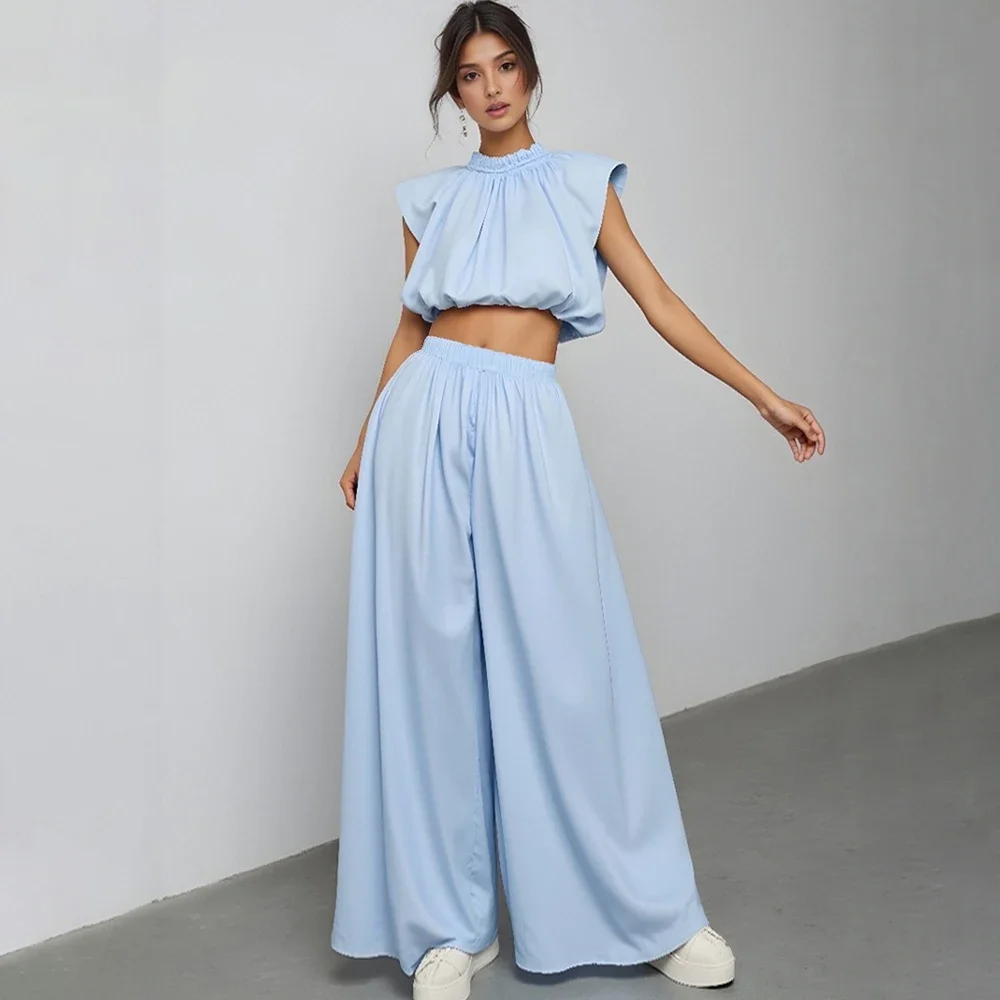 Mia Muse Boutique طاقم الرقبة اقتصاص عالية الخصر واسعة الساق مجموعات يومية للنساء لائق K-Fashion بلون طيات تحلق كم