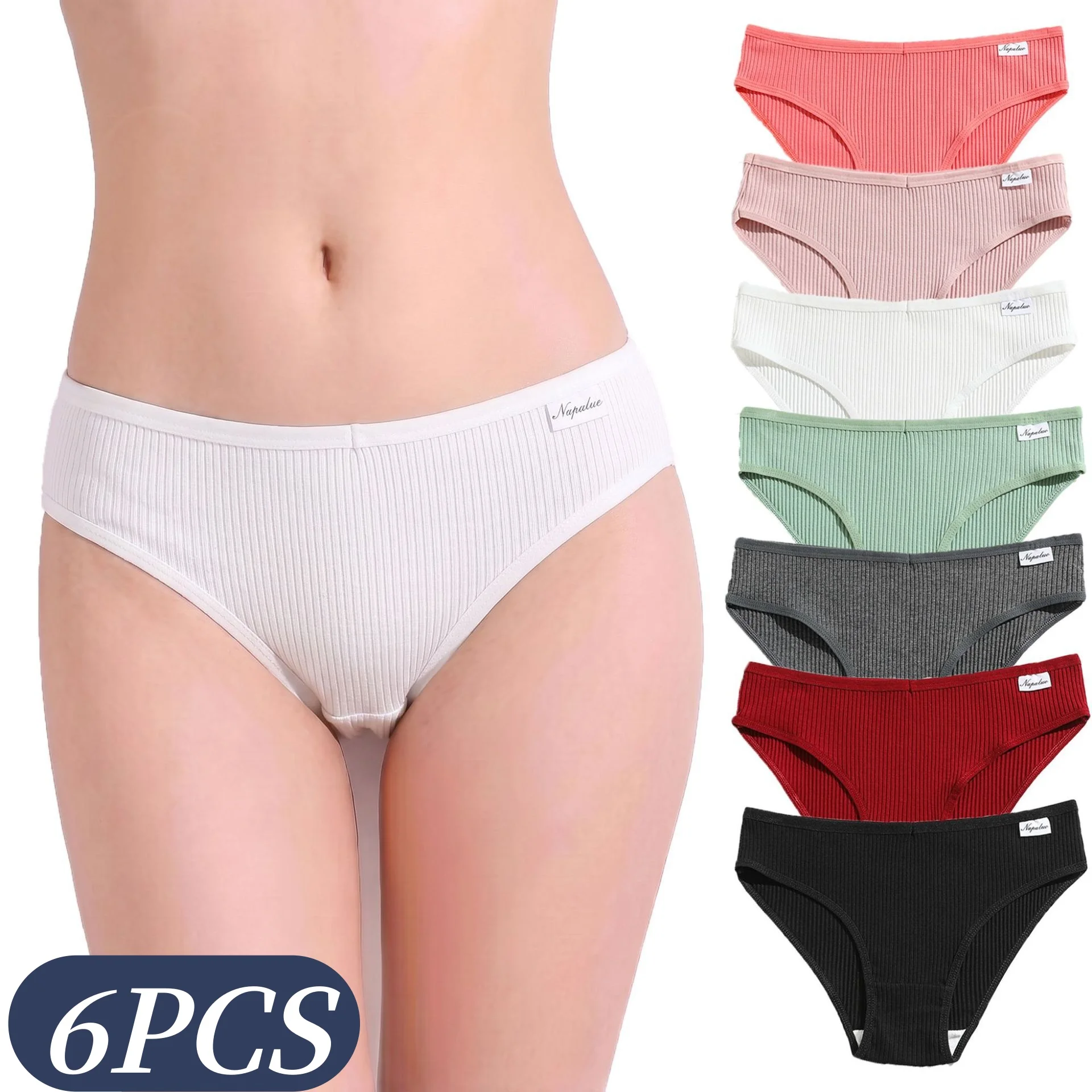 6-teiliges Set Damen Gerippte Baumwoll-Slips mit kleinem Etikett-Design, einfarbige Alltags-Slips, niedrig geschnittene Damenunterwäsche, sexy Lingerie S-XL