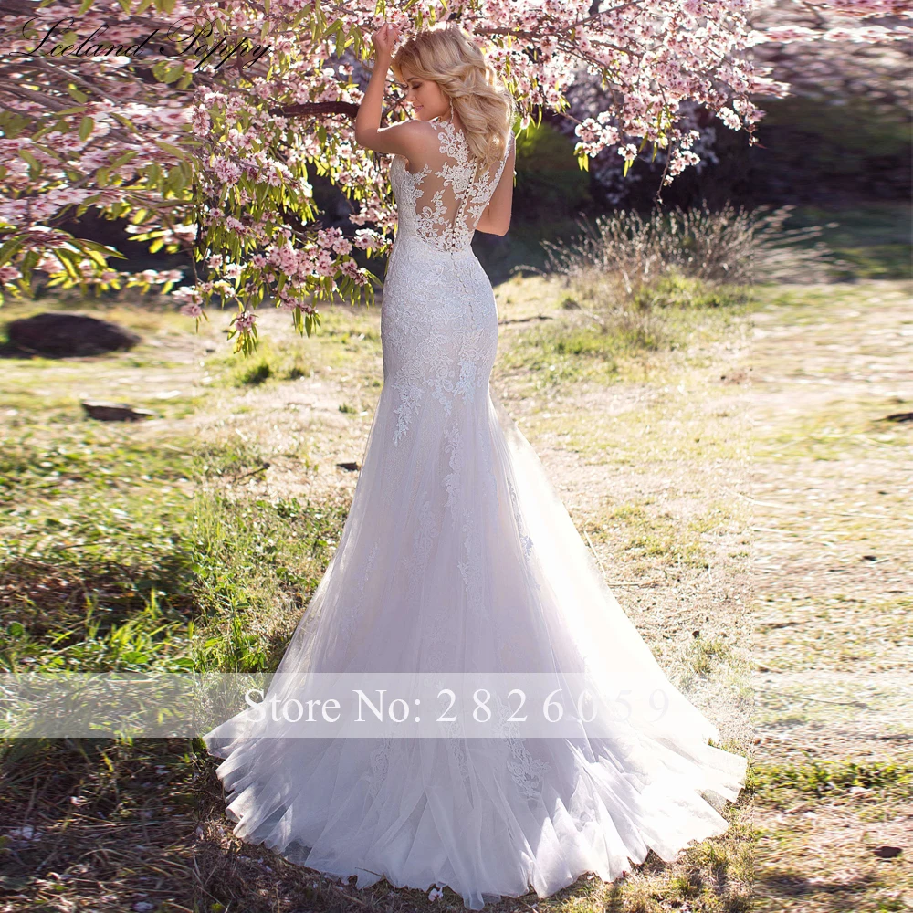 Lceland Poppy Customized Lace Mermaid Wedding Dresses Sleeveless Lace Appliques Floor Length Bridal Gowns with Detachable Train