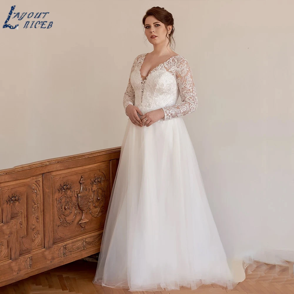 LAYOUT NICEB Romântico Plus Size Vestidos De Casamento Em V-Neck 2024 Lace Apliques Vestidos De Noiva Clássicos A Linha Robe De Mariée Custom