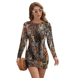 Elegant Animal Snake Skin Print Bodycon Dress Women Kawaii Dresses Spring Long Sleeve Aesthetic Design Dress Big Size