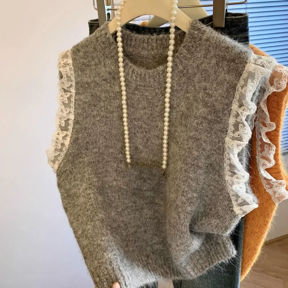 

Elegant Round Neck Lace Sleeveless Sweater Solid Color Korean Style Knitted Waistcoat Top Pullover Sweet Vest Crop Top Female