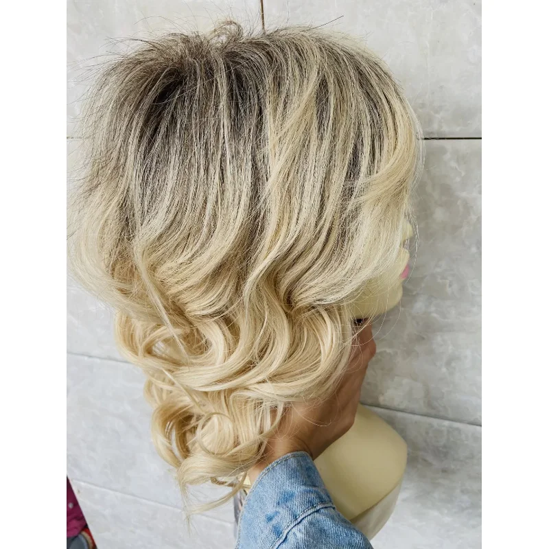 Médio fofo ondulado raízes escuras loira mix perucas de cabelo sintético feminino natural 613