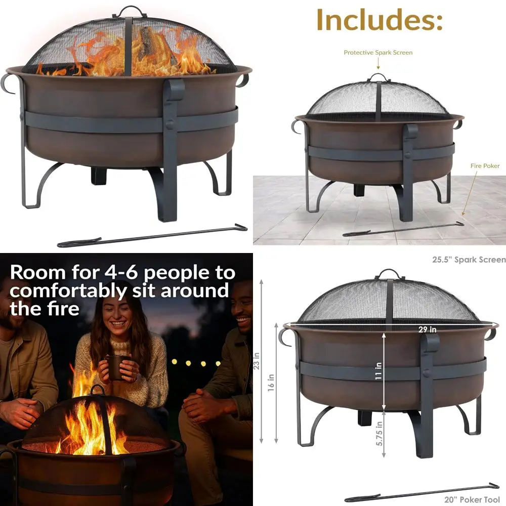 

Bronze Outdoor Wood-Burning Fire Pit with 29-Inch Diameter, Complete with Poker and Spark Screen