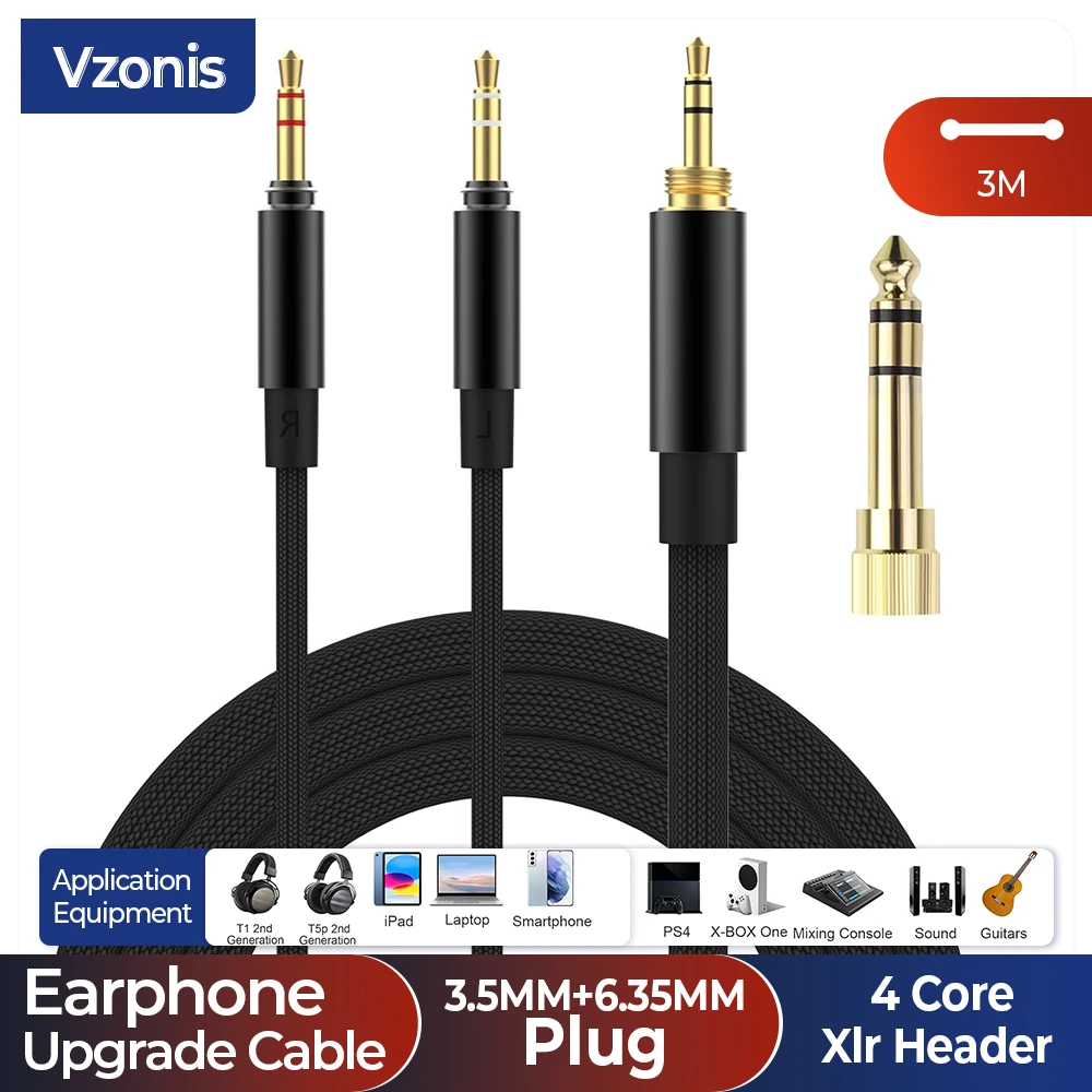 

VZONIS Stereo 3.5mm TRS 6.35mm Audio Replacement Cable for beyerdynamic T1 T2 T3 T5 Amiron Hi-Fi Sound Balanced Earphones cable