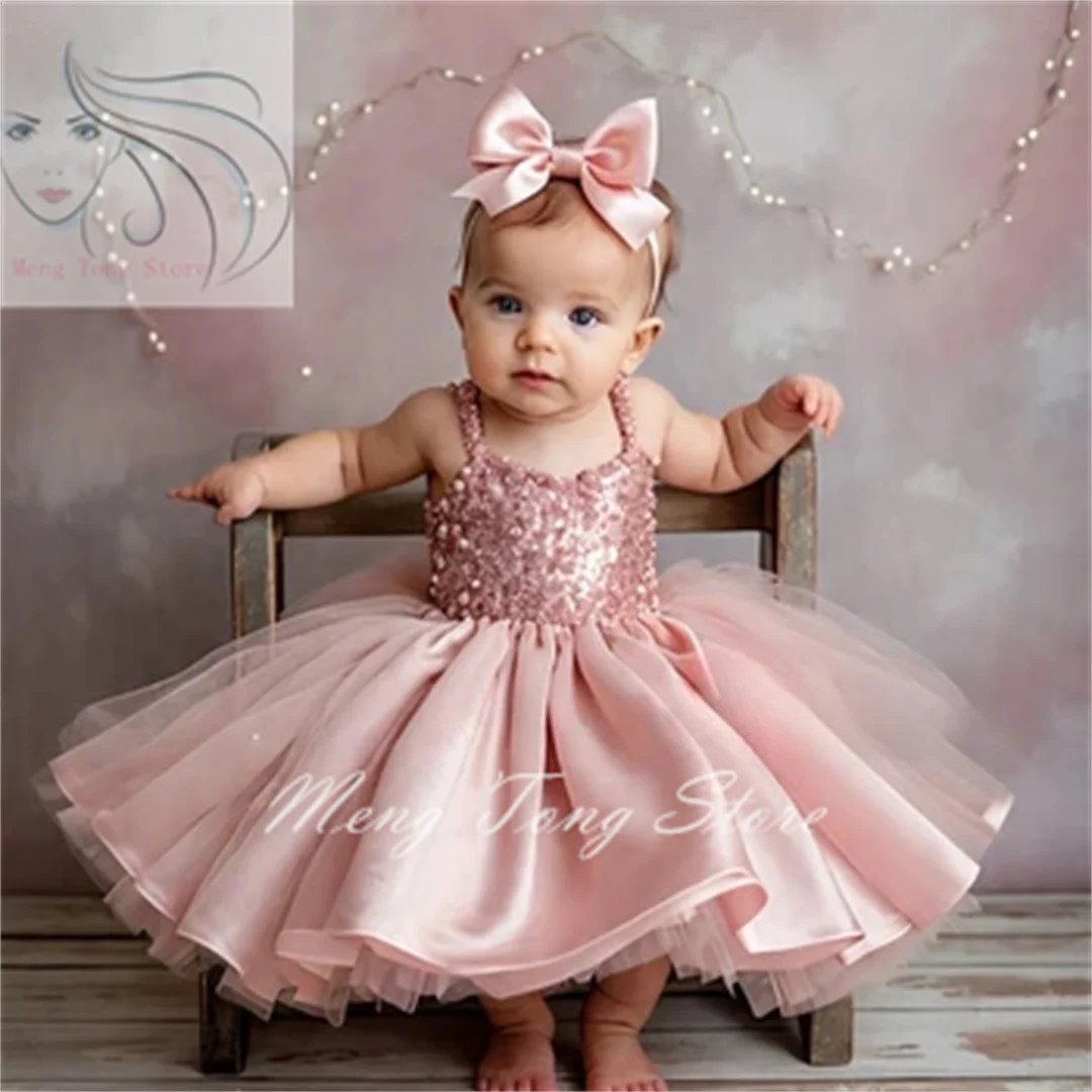 

2024 Nieuwe Baby Meisje Jurk Met Grote Strik Parels Lovertjes Bloem Trouwjurk Baby Meisje Tutu Outfit Prinses