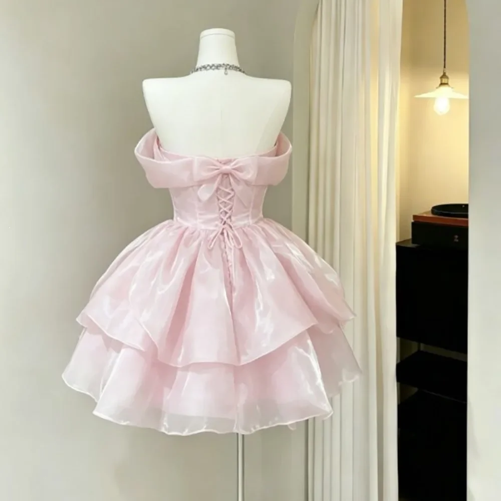 Customized Pink Satin Mini Ball Gown Off Shoulder Puff Sleeves Large Bow Chest Ruffled Skirt Short Length Sweet Prom Dress Women