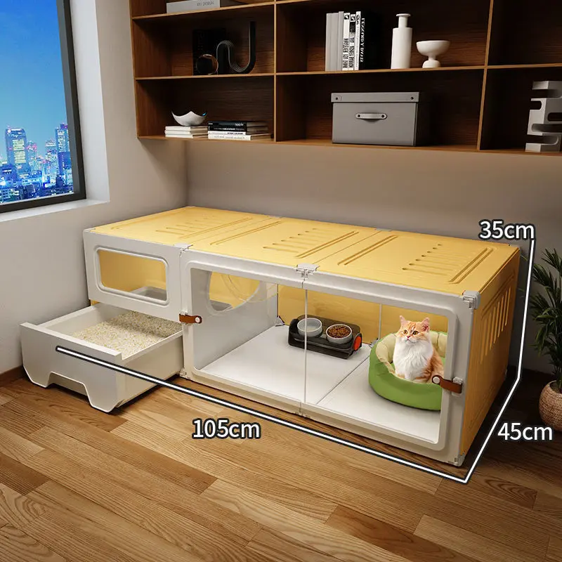 Space-saving cat villa with toilet and feeding area Modern multi-level indoor pet enclosure