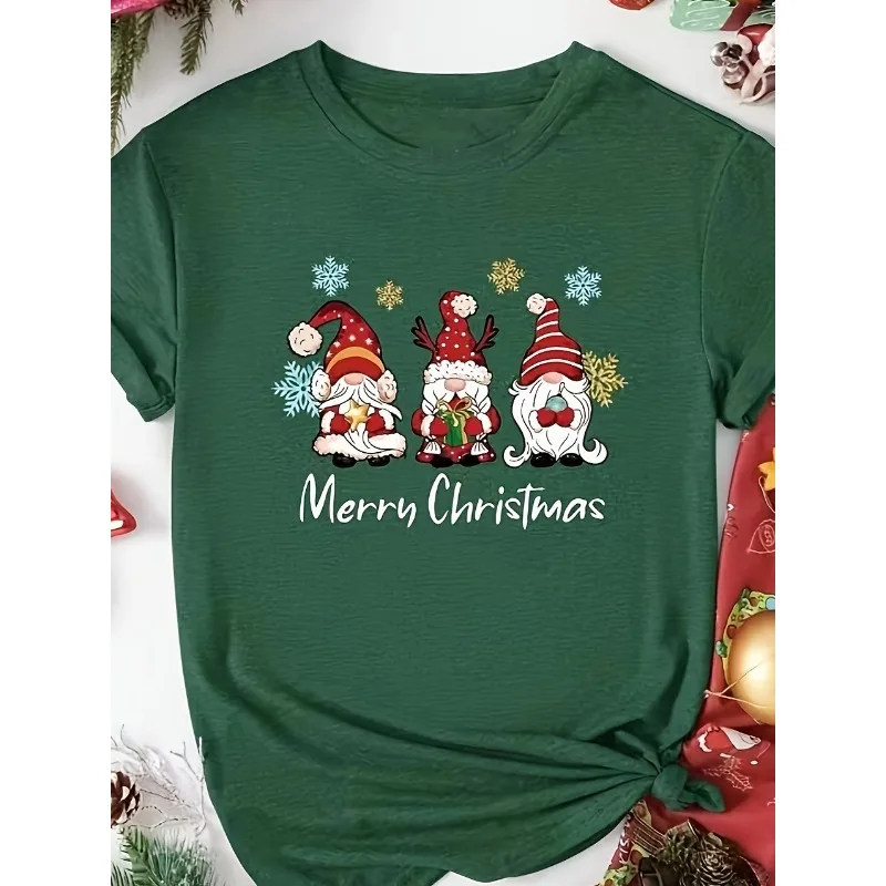 

Christmas Dwarf Print T-shirt Casual Round Neck Short Sleeve Women's Clothing
