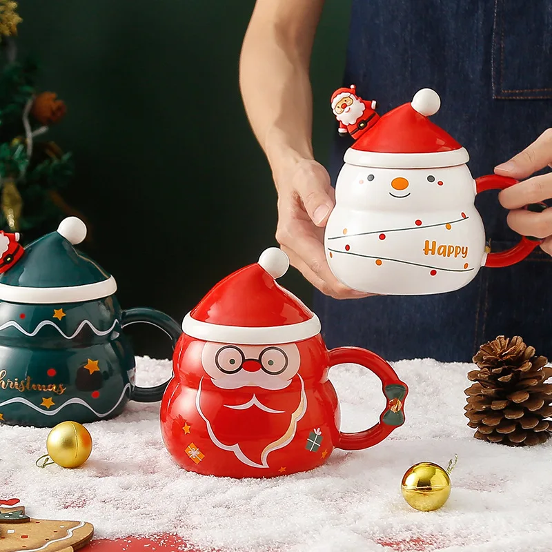 

480ml Creative Christmas Ceramic Mug Large Capacity Santa Claus Coffee Mugs with Lid Spoon Cartoon Snowman Cups