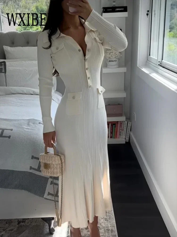 

Knitted Mermaid Dress Women Turn-down Collar Long Sleeve Female Long Dresses 2024 Autumn Winter Slim Hip Package Lady Robes