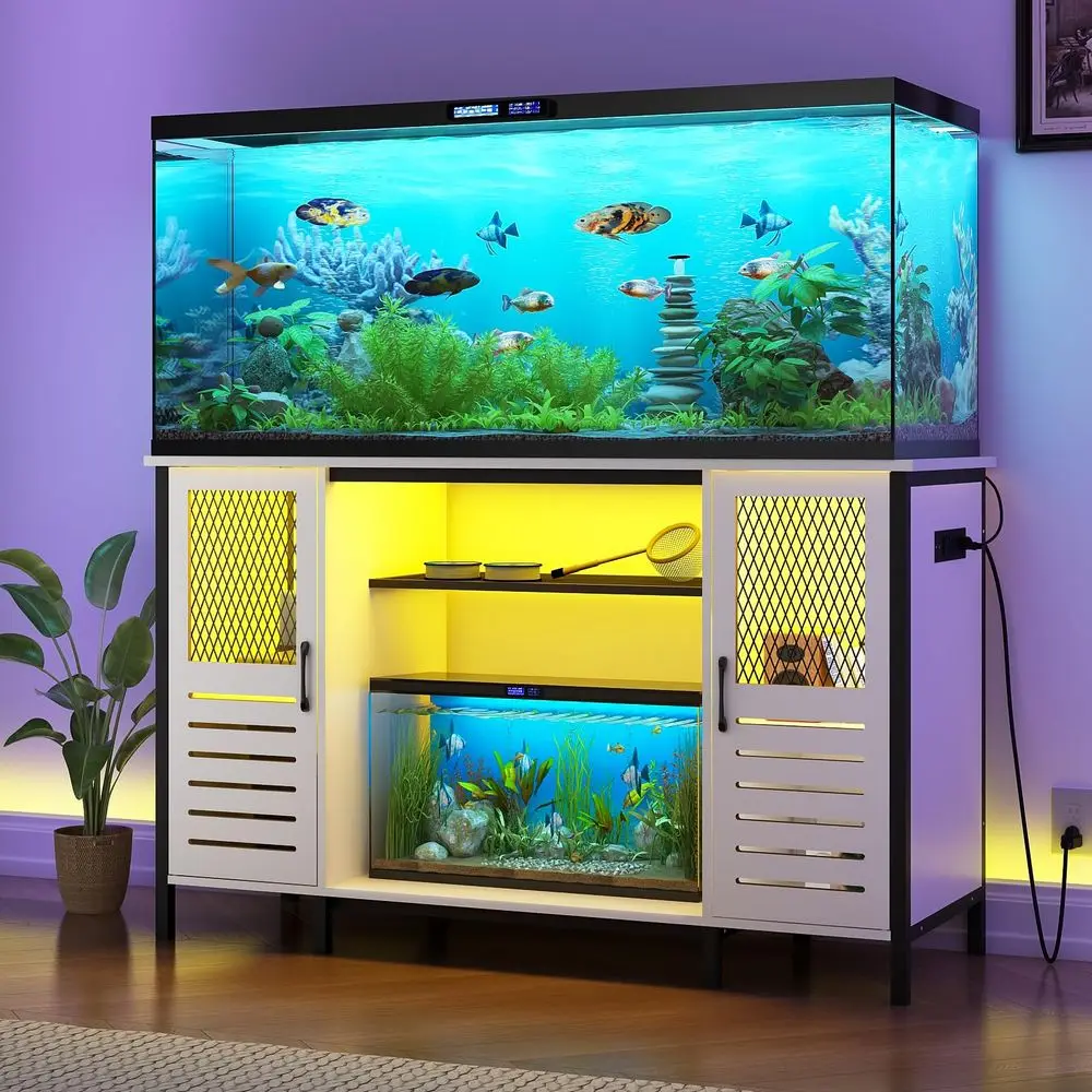 

Soporte para tanque peces con toma corriente, luz LED, capacidad 1250 libras, soporte metal resistente para acuario