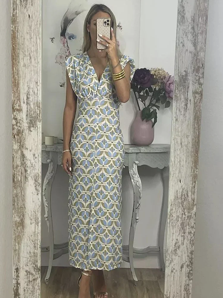 

Casual Printed Women Cotton Maxi Dress Elegant V-neck Short Sleeve High Waist Slim Dresses Summer Lady Chic Split Streetwear