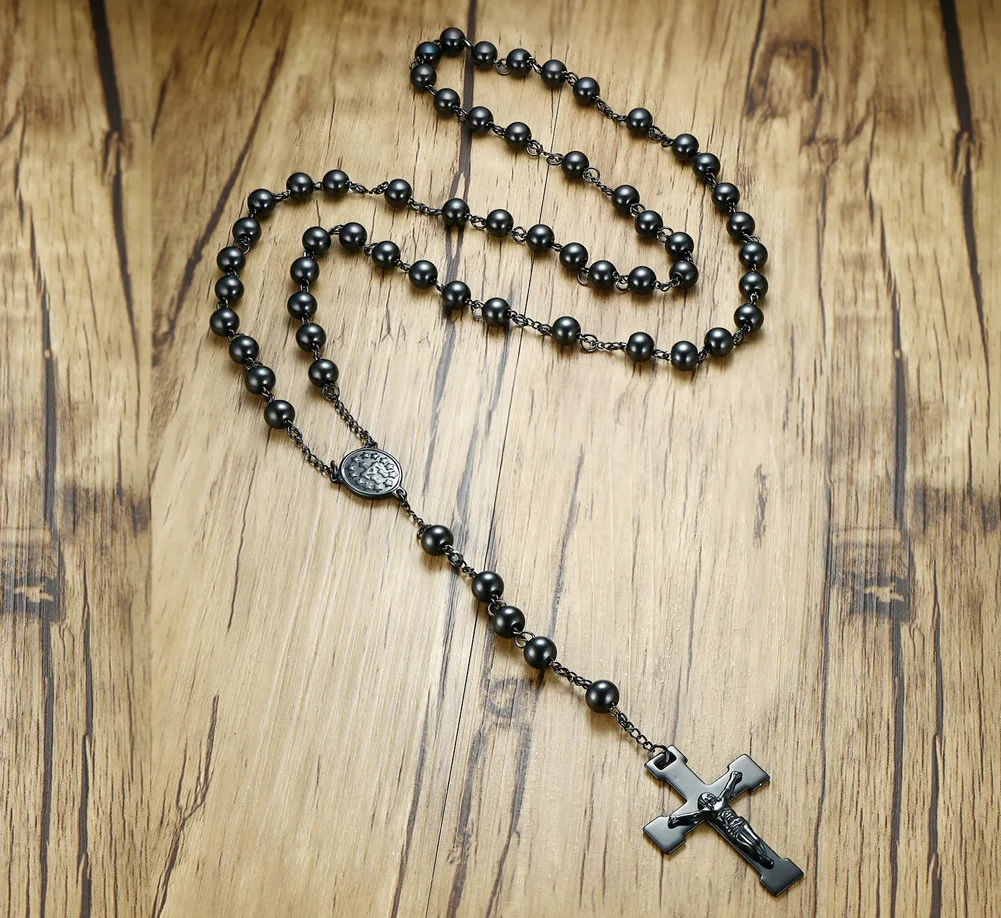 Mens Heavy Rosary Necklace Stainless Steel 8mm Ball Beads Chain Religious Cross Pendant 30inch Fashion Jewelry