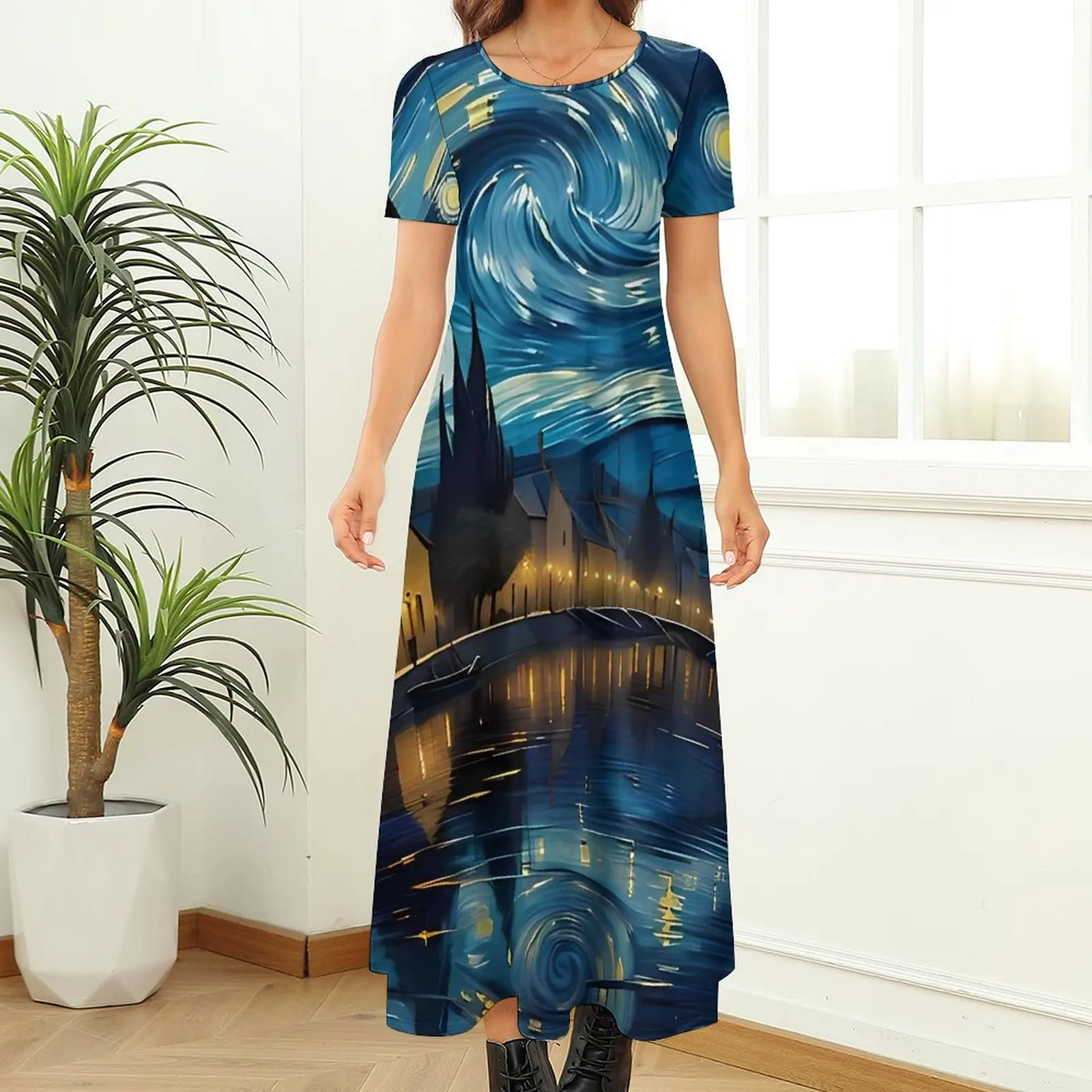 Vincent Van Gogh Starry Night Print Dress  Street Wear Bohemia Long Dresses Woman Vintage Maxi Dress Gift Idea