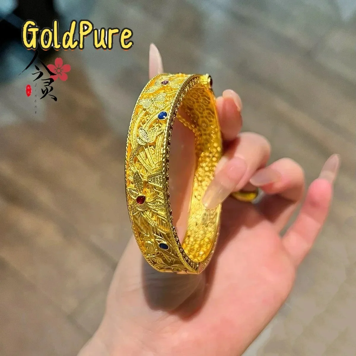 

Goldpure Luxury 24K 9999 Pure Gold real gold Women's Enamel Bracelet Buckle Silk Bracelet Hollow