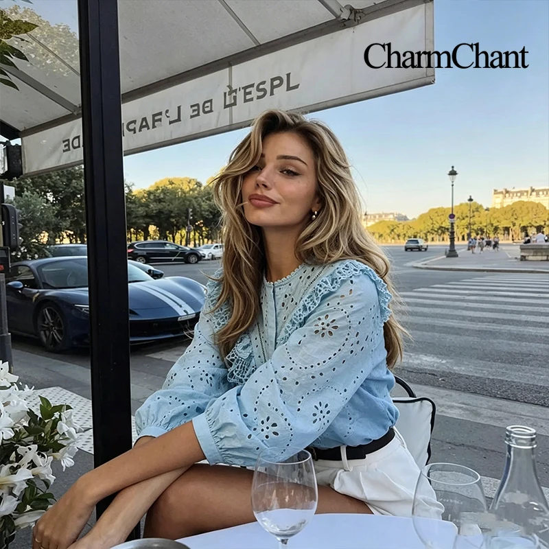 CHARMCHANT Women's Cotton Light Blue Eyelet Embroidery Button Down Shirt with Ruffle Trim Elegant Puff Sleeve Blouse Summer 2026
