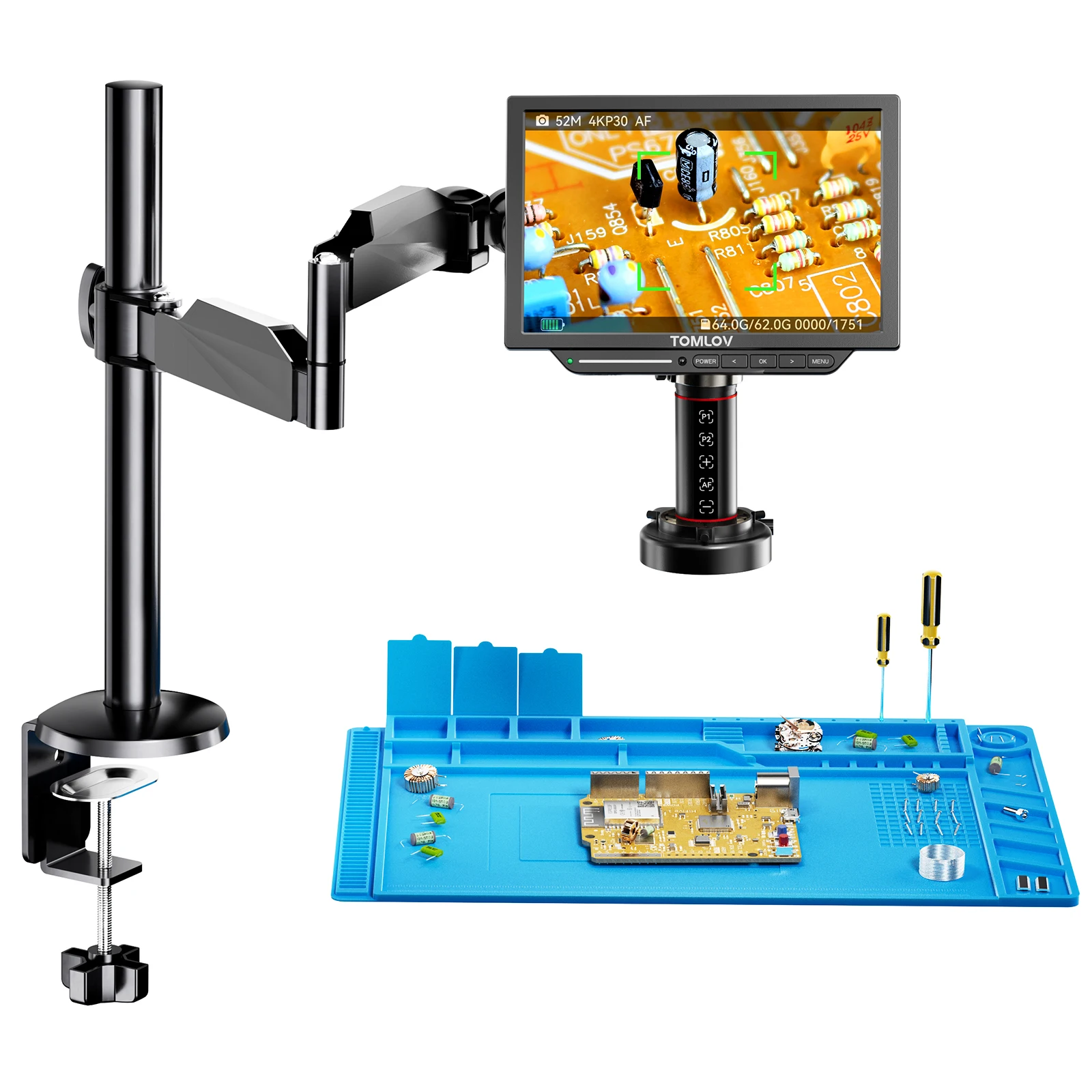 TOMLOV 4K Digitalmikroskop mit Autofokus, 2000-fache Vergrößerung, TM4K-AF, flexibler Armständer, HDMI, Löt-Mikroskop für Elektronikreparatur, Schmuckinspektion, 8-Zoll-Display, TV-Unterstützung