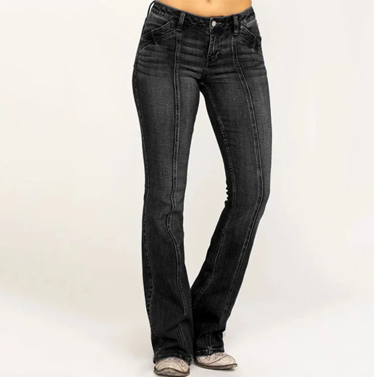 Calças flare mulheres jeans denim pant bolsos sólidos cintura alta emendado solto ajuste streetwear lavagem 2025 zíper voar comprimento total