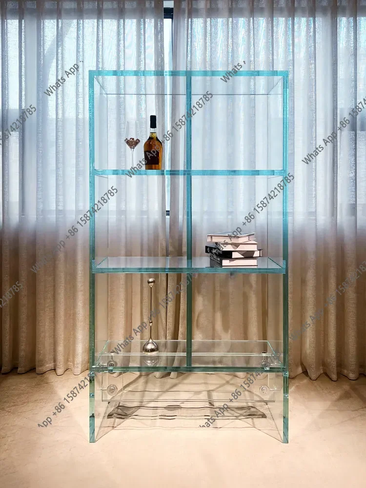 05 Italian Minimalist Floor-to-ceiling Glass Bookshelf Multi-layer Shelf Household Living Room Study Double-layer Glass Bogu She