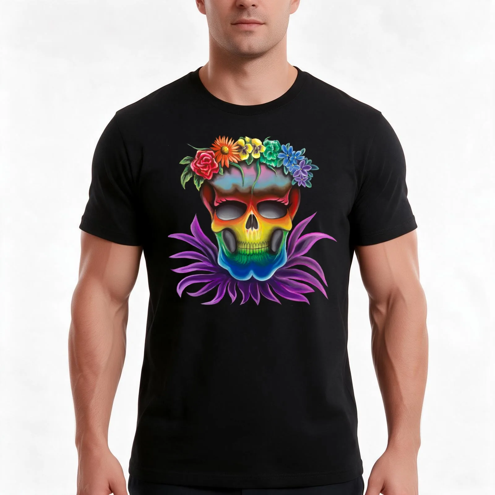 LGBTQ Flower Crown Pride Skull T-Shirt, Summer Casual Cotton Tee, Oversized Streetwear Tops, Vintage Graphic Print, 100% Cotton