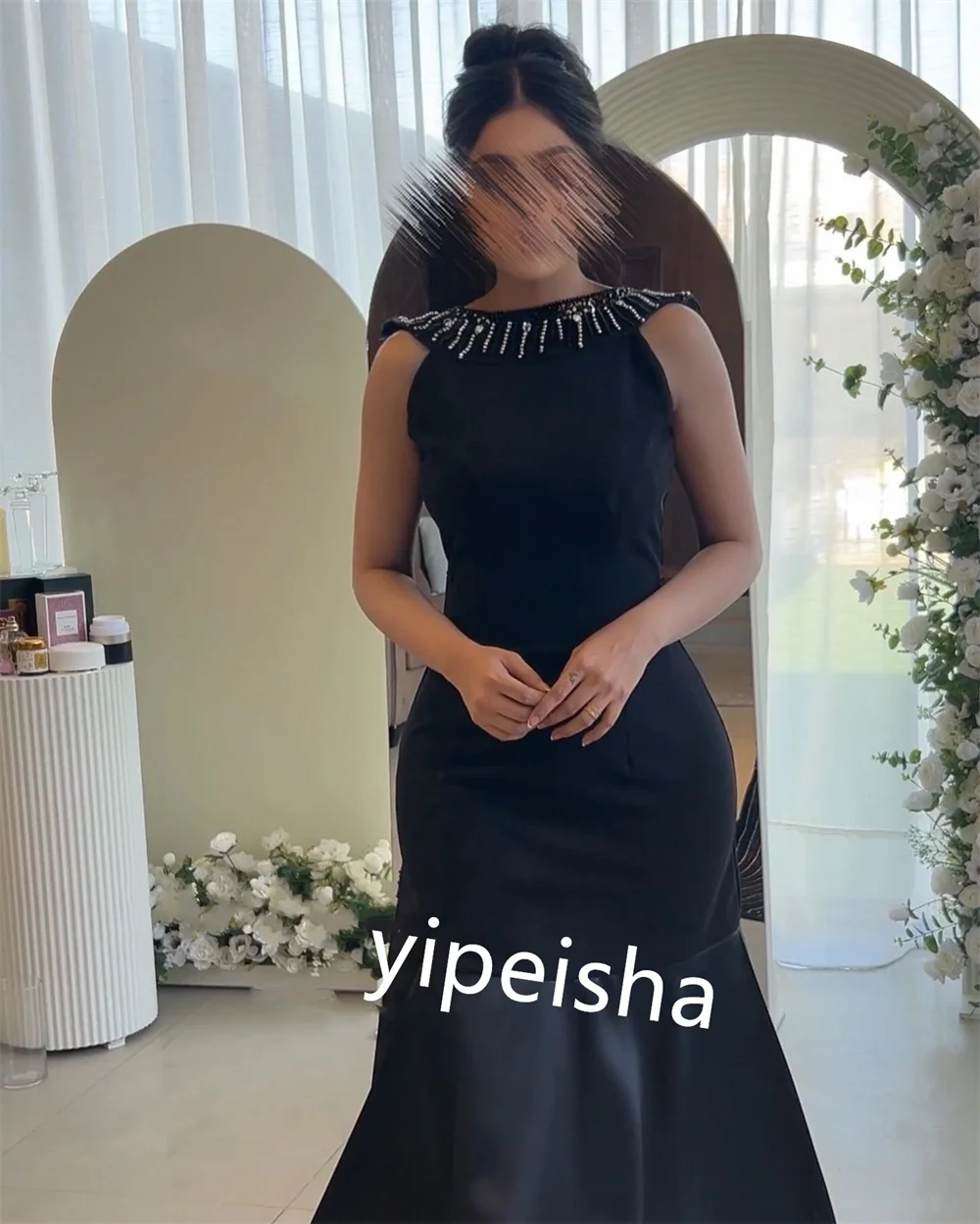 Personalizado sexy jérsei lantejoulas miçangas ruched a linha o-pescoço vestidos longos vestidos de noite brilho tamanhos disponíveis intrincados matc