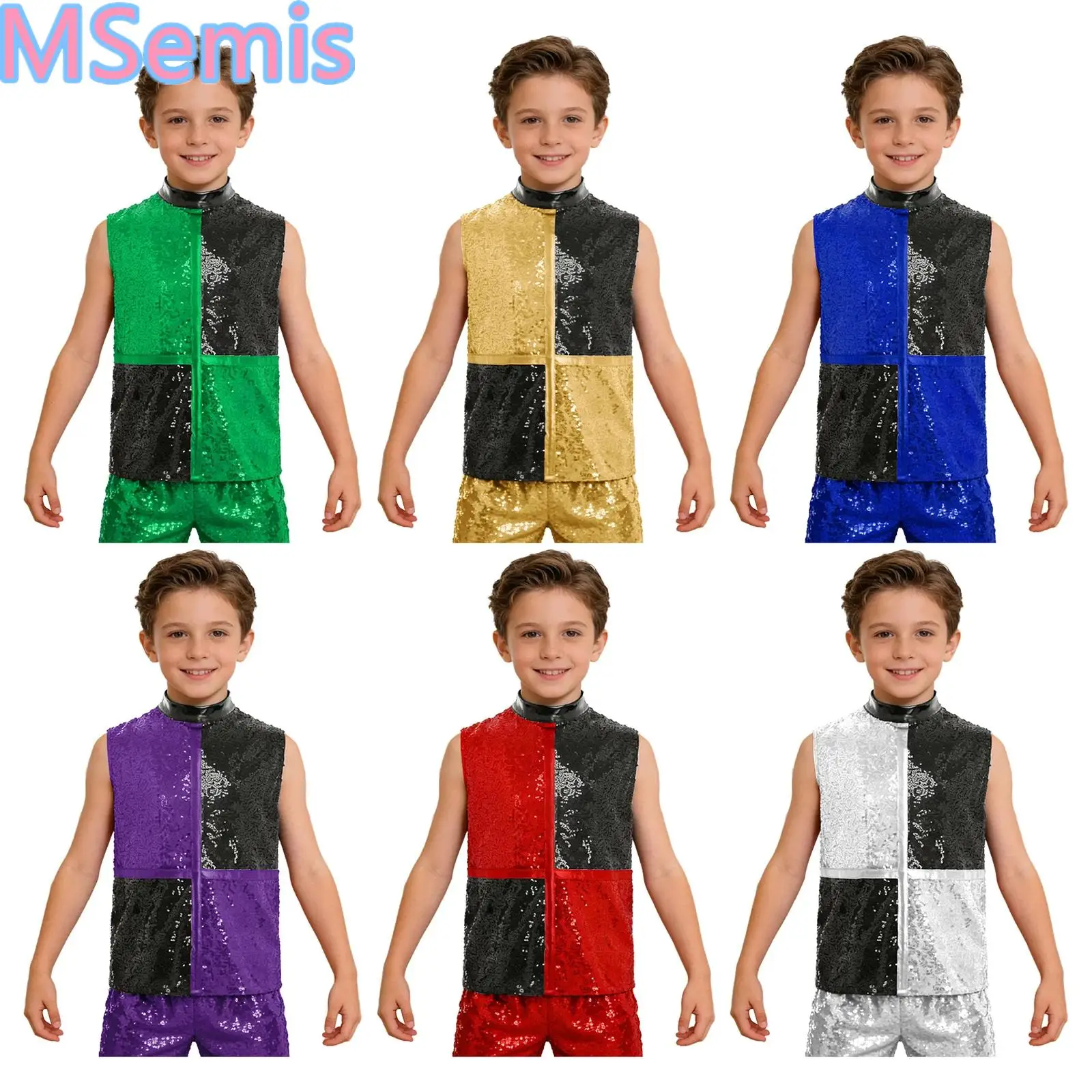 

Kids Boys Shiny Sequins Jazz Dance Tops Stage Performance Costume Mock Neck Sleeveless Back Invisible Zipper Color Block Top
