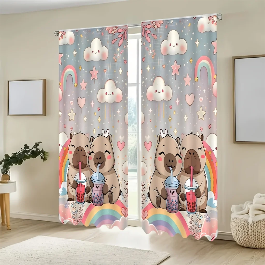 2pcs Cute Capybara Curtains Rainbow Cloud Boba Tea Print Drape Kids Room Bedroom Window Treatment Kawaii Home Decor Panels