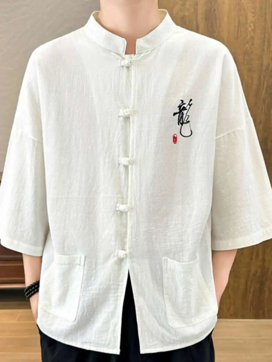 

Новая мужская свободная летняя рубашка из хлопка и льна в стиле тан, дизайн для весны и осени