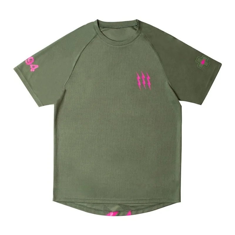 Military Green Fluorescent Powder Lightning Cycling Short Sleeved Vertical Lightning Printed Outdoor Cycling Shirt