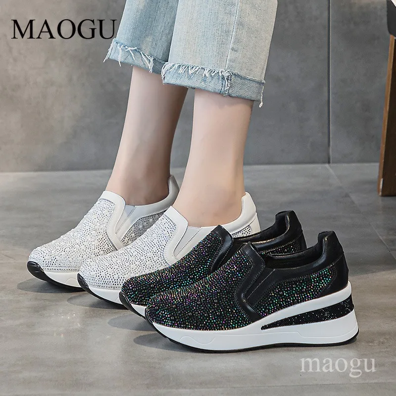 

7CM Rhinestone Platform Sneakers Sparkly Crystal Slip-On Women's Vulcanize Shoes Comfort Walking Shoes Casual Dress Sneakers