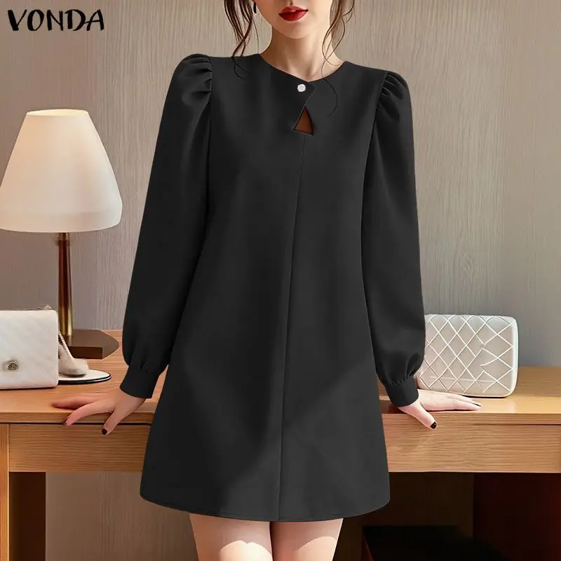 플러스 사이즈 5XL VONDA 패션 미니 드레스 여성 봄 긴 소매 파티 드레스 2026 우아한 단색 선드레스