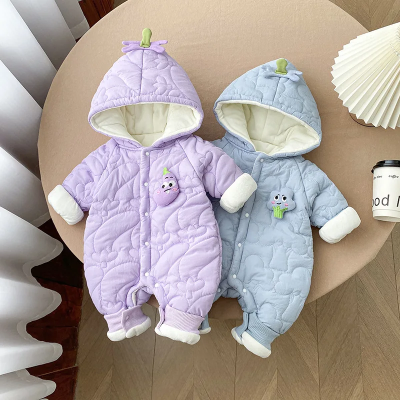 2026 Winter Baby Clothes Thicken Newborn Jumpsuit 0-2Y Cute Vegetable Infant Girls Hooded Romper Toddler Boys Fur Lining Outwear