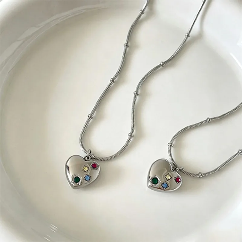 Collar con Colgante de Corazón de Cristal Colorido de Acero Inoxidable para Mujer, Cadena de Serpiente con Cuentas, Gargantilla de Moda, Joyería de Corazón de Amor, Regalo