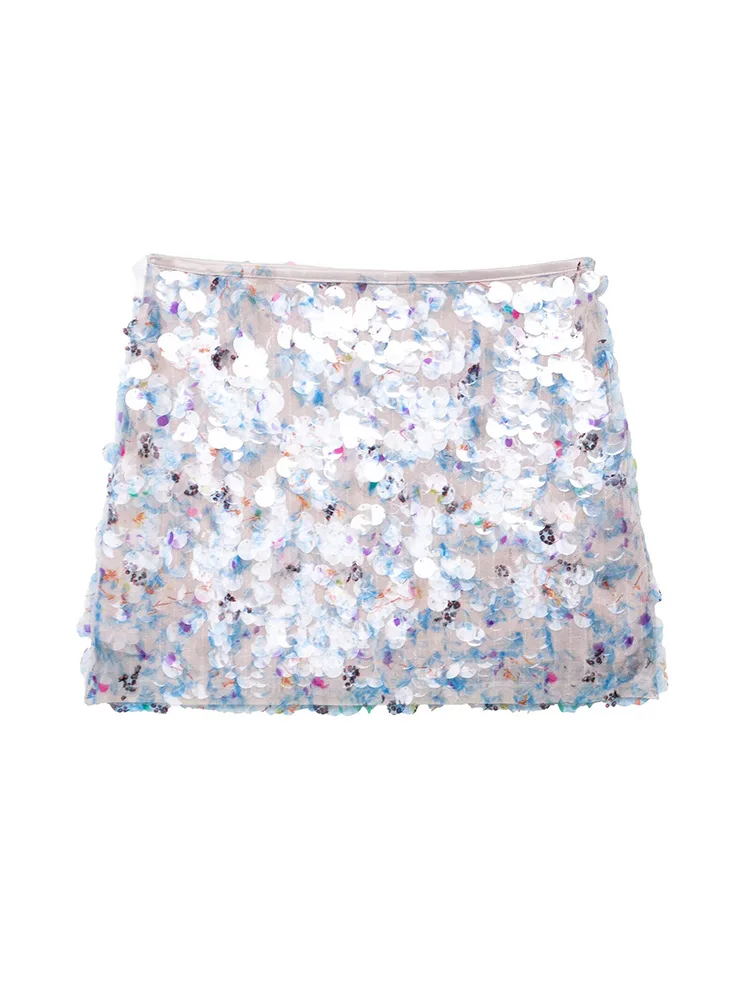 SIYANG ผู้หญิงแฟชั่น Sequined Solid ซิปด้านข้าง A-Line กระโปรงมินิวินเทจสูงเอวหญิง Chic Lady กระโปรง