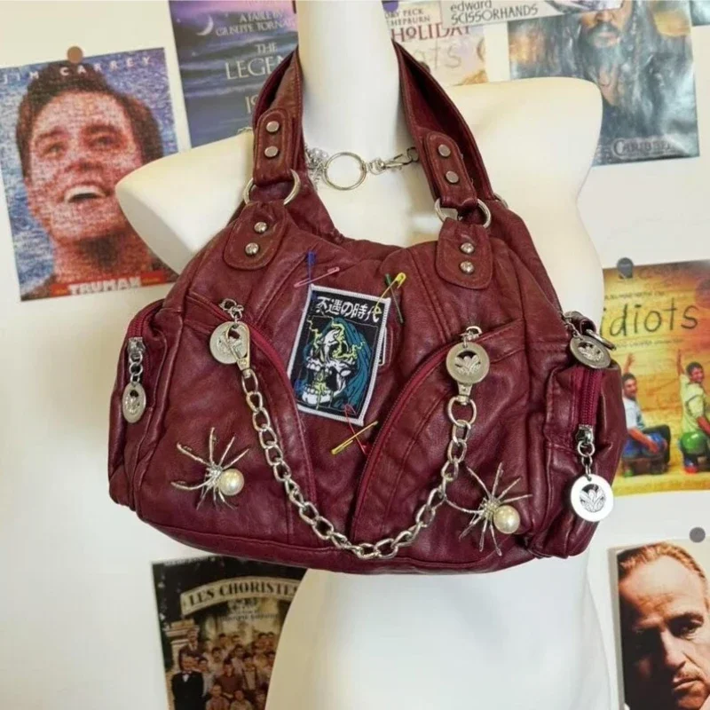 Women Patches Punk Design Girl Soft PU Leather Tote Bags Crossbody Bag Y2K Accessories Bag Y2K Shoulder Bag