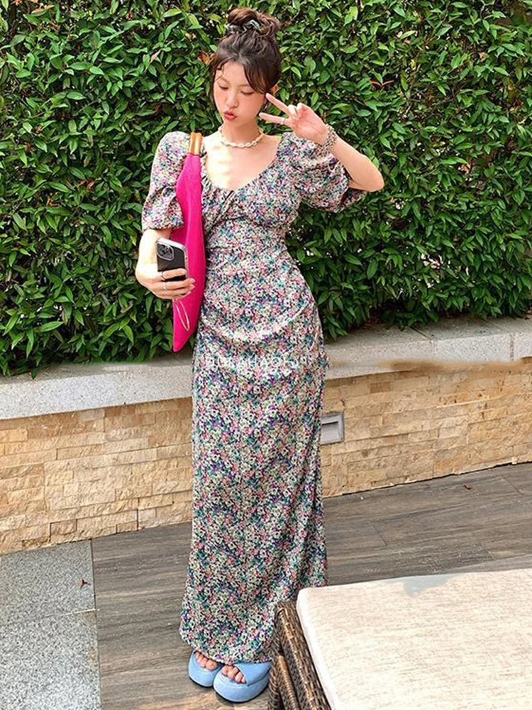 Long Floral Print Dresses For Women Puff Sleeve Summer A-line Beach Dress Korean Chic Sexy Elegant Pretty Party Women's Dresses