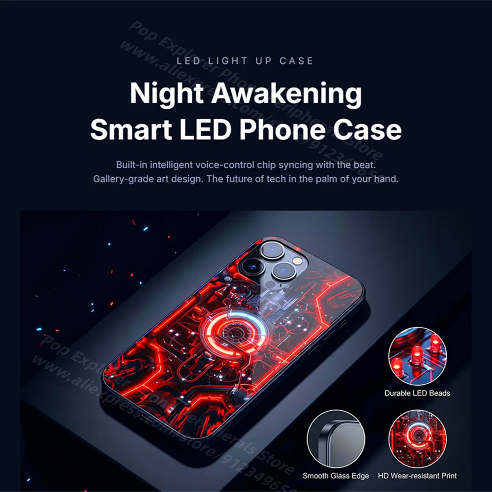 Red Chip Circuit Design Sound Music Control Led Light Phone Case Glowing Cover For iPhone Air 17 16 15 14 13 12 11 Pro Max Plus